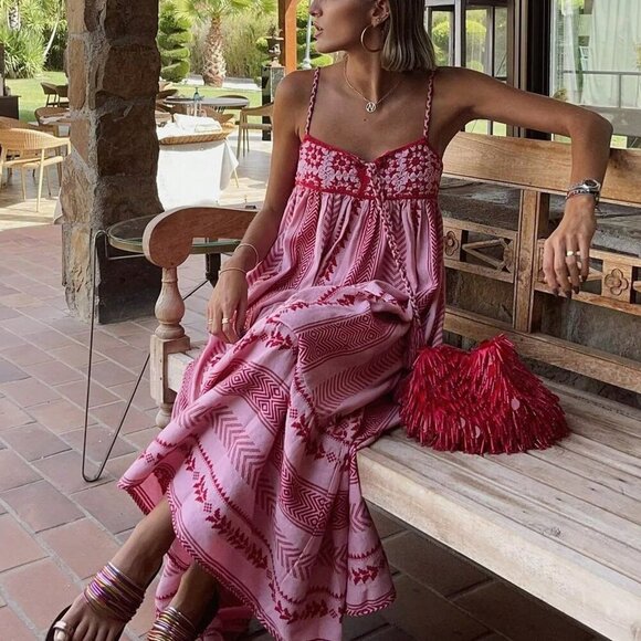 Pink Boho Women's Sleeveless Spaghetti Strap Flowy Beach Maxi Dress - Picture 4 of 6
